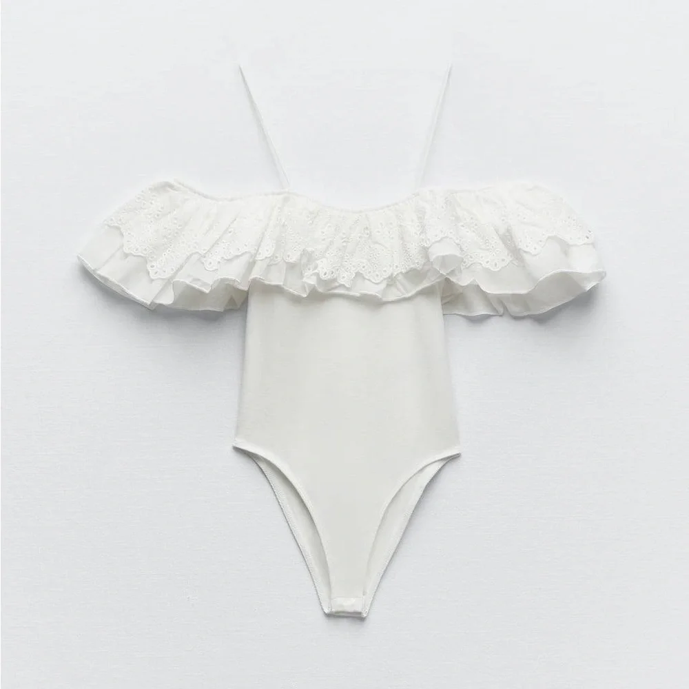 Zara matching bodysuit with embroidered ruffles white NWT - Picture 6 of 8